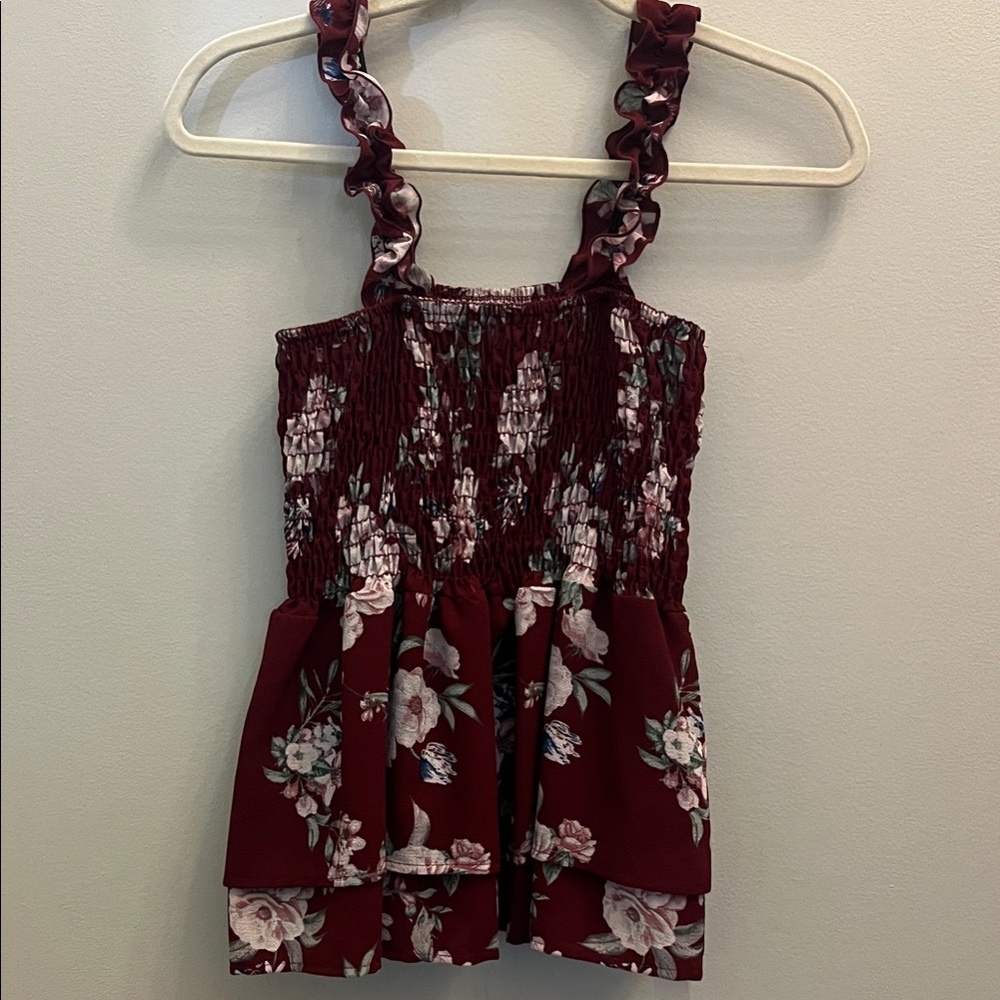 NWT CY Fashion Floral Burgundy Smocked Tank Top Ruffle Strap Layers Boho USA